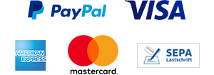 Akzeptierte Zahlungsarten: VISA, MasterCard, AmericanExpress, SEPA Lastschrift, PayPal